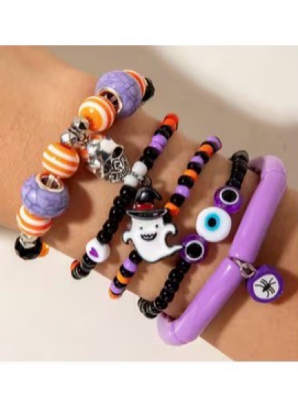 🔮🧡5 Pcs Purple Black White & Orange Halloween Beaded Bracelet Set 👻💀🖤